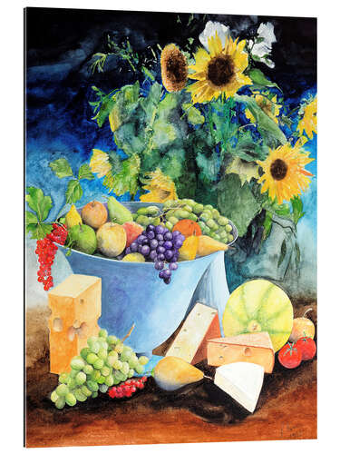 Galleritryk Still life with sunflowers, fruits and cheese