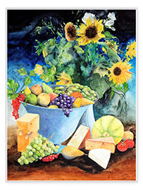 Poster Still life with sunflowers, fruits and cheese