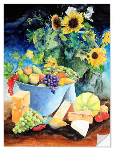 Naklejka na ścianę Still life with sunflowers, fruits and cheese