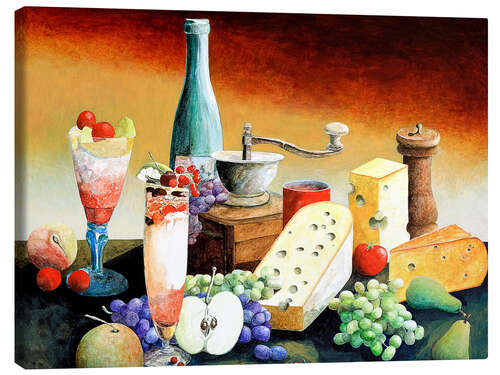 Lerretsbilde Stil life with coffee grinder, fruits and cheese