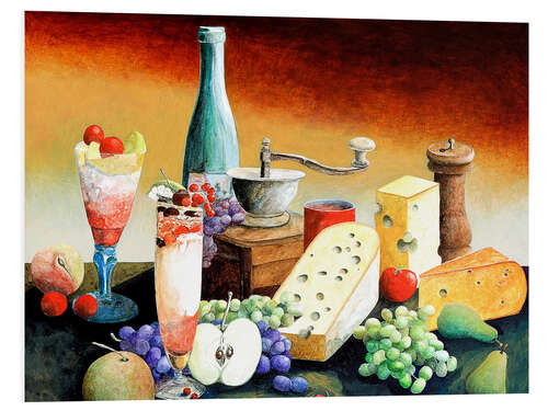 Foam board print Stil life with coffee grinder, fruits and cheese