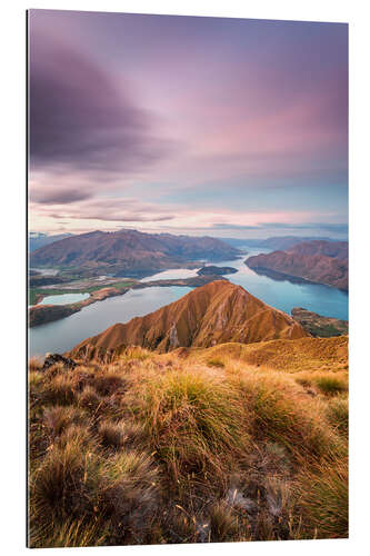 Galleritryk Awesome sunset over Wanaka lake from Mt Roy, Otago, New Zealand