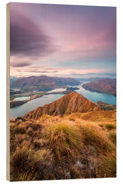 Hout print Awesome sunset over Wanaka lake from Mt Roy, Otago, New Zealand