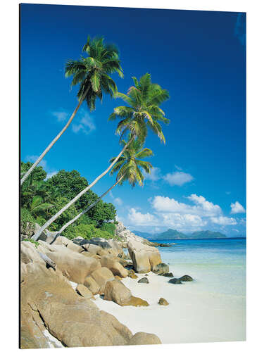 Tableau en aluminium Anse Severe With Praslin Island in Background, La Digue, Seychelles
