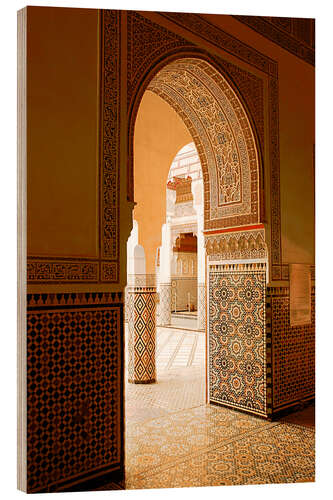 Wood print Large patio columns with azulejos decor, Islamo-Andalucian art, Marrakech Museum, Marrakech, Morocco