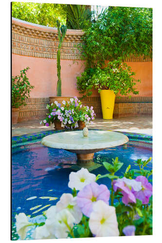 Stampa su alluminio Fountain and flowers in the Majorelle Gardens (Gardens of Yves Saint-Laurent), Marrakech, Morocco, N