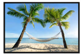 Gerahmter Kunstdruck Hängematte am Strand mit Palmen in der Südsee