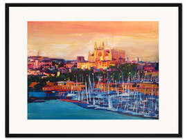 Gerahmter Kunstdruck Spanien, Balearen, Palma de Mallorca mit Hafen und Kathedrale