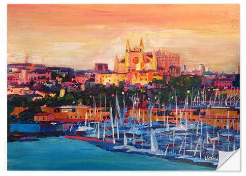 Selvklebende plakat Spain Balearic Island Palma de Mallorca with Harbour and Cathedral