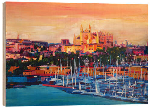 Stampa su legno Spain Balearic Island Palma de Mallorca with Harbour and Cathedral