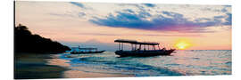 Aluminium print Mount Agung on Bali and fishing boats silhouetted against a sunset, Gili Trawangan, Gili Isles, Indo