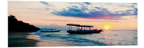 PVC print Mount Agung on Bali and fishing boats silhouetted against a sunset, Gili Trawangan, Gili Isles, Indo