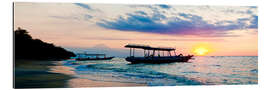 Stampa su plexi-alluminio Mount Agung on Bali and fishing boats silhouetted against a sunset, Gili Trawangan, Gili Isles, Indo