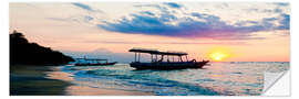 Naklejka na ścianę Mount Agung on Bali and fishing boats silhouetted against a sunset, Gili Trawangan, Gili Isles, Indo