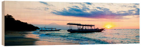 Wood print Mount Agung on Bali and fishing boats silhouetted against a sunset, Gili Trawangan, Gili Isles, Indo