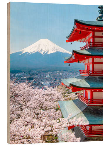 Wood print Chureito Pagoda with Fuji and cherry blossoms