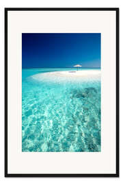 Gerahmter Kunstdruck Tropische Sandbank mit Sonnenschirm