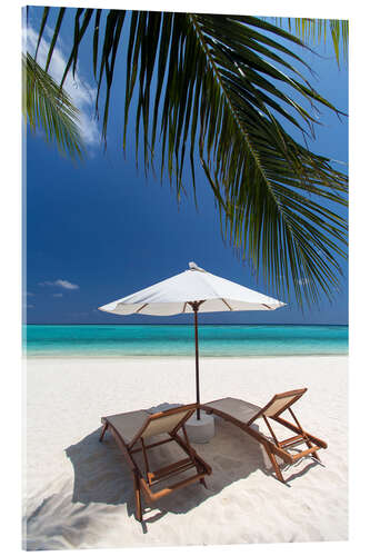 Acrylic print Lounge chairs on tropical beach