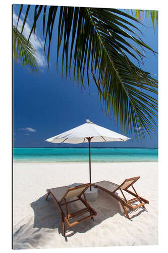 Quadro em plexi-alumínio Lounge chairs on tropical beach