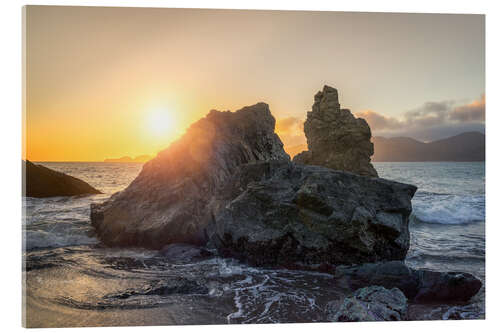 Acrylic print Rock at the beach with sunset