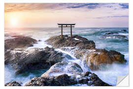 Selvklebende plakat Japanese Torii in Japan near the beach