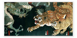 Veggbilde  A dragon and two tigers - Utagawa Sadahide