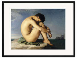 Gerahmter Kunstdruck Nackter junger Mann sitzt am Meer