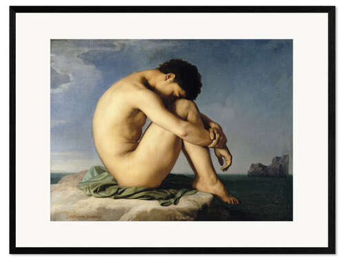 Ingelijste kunstdruk Naked young man is sitting by the sea