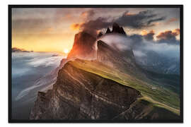 Gerahmter Kunstdruck Sonnenaufgang in den Dolomiten bei Seceda