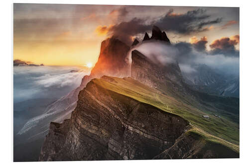 Tableau en PVC Lever du soleil dans les Dolomites à Seceda