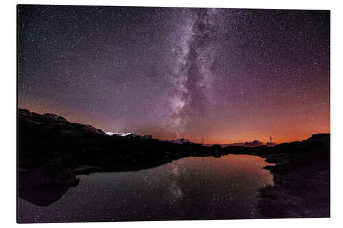 Aluminium print Nightscape at small mountain lake at Legler mountain hut with galaxy  Glarus, Switzerland