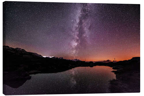 Canvas-taulu Nightscape at small mountain lake at Legler mountain hut with galaxy  Glarus, Switzerland