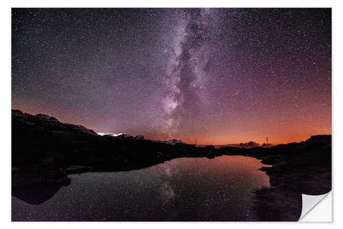 Vinilo para la pared Nightscape at small mountain lake at Legler mountain hut with galaxy  Glarus, Switzerland