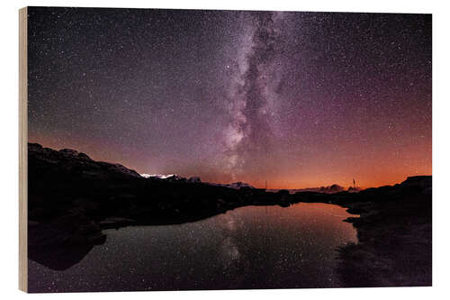 Quadro de madeira Nightscape at small mountain lake at Legler mountain hut with galaxy  Glarus, Switzerland