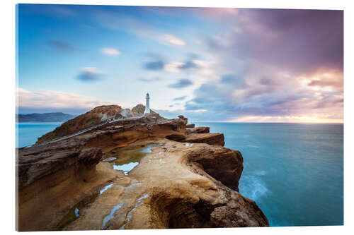 Akrylbillede Lighthouse and sea at sunrise on the coast of New Zealand