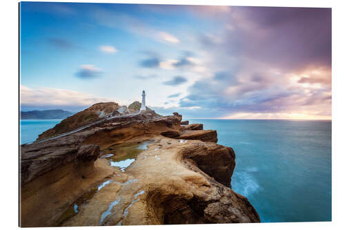 Gallery Print Leuchtturm und Meer bei Sonnenaufgang an der Küste von Neuseeland