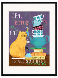 Gerahmter Kunstdruck Tee, Bücher und eine Katze