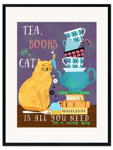 Gerahmter Kunstdruck Tee, Bücher und eine Katze