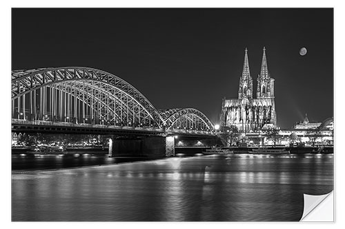 Wandsticker Kölner Dom und Hohenzollernbrücke Nachts (s/w)