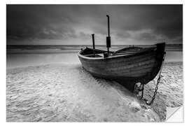 Selvklebende plakat Fishing boat on the beach monochrome