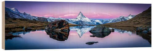 Wood print Stellisee and Matterhorn in Swiss panorama