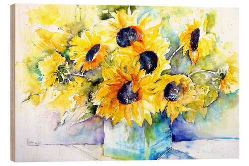 Wood print Sunflowers in vase