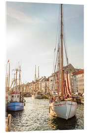 Akrylbilde Gammel seilbåt i kveldslys i Nyhavn i København, Danmark