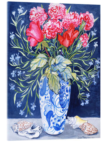 Acrylglasbild Rosen, Nelken und Lobelien in einer blau-weißen Vase, 2011