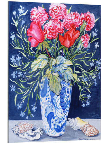 Aluminium print Roses, carnations and lobelia in a blue and white vase, 2011