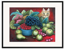 Gerahmter Kunstdruck Katze und Früchte