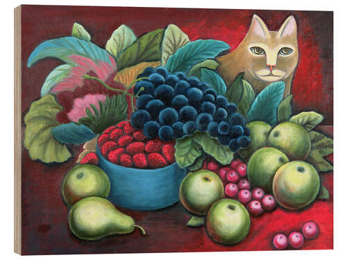 Quadro de madeira Gato e frutas