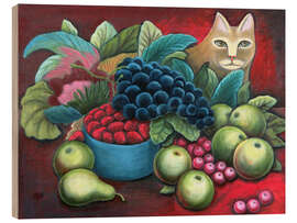 Tableau en bois Chat et fruits