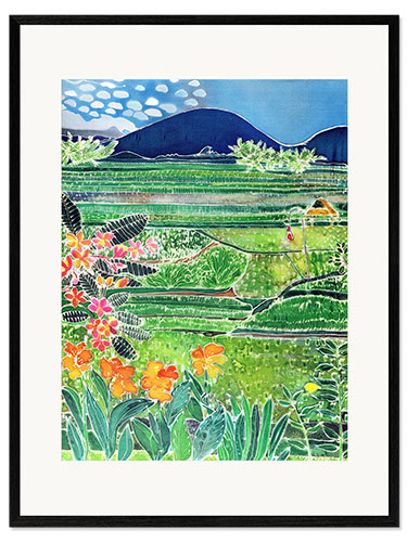 Gerahmter Kunstdruck Lovina Reisfelder mit Lilien und Frangipani, Bali, 1996