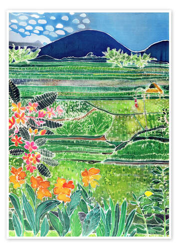 Poster Lovina rice fields with lilies and frangipani, Bali, 1996